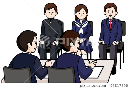 接受小組面試的男女學生 兩名男面試官 接受小組面試的男女學生 兩名男面試官 92817806