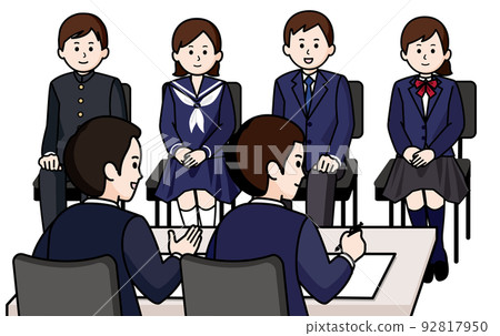 接受小組面試的男女學生 兩名男面試官 接受小組面試的男女學生 兩名男面試官 92817950