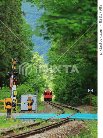 Aizu Railway running through a green forest 92817998