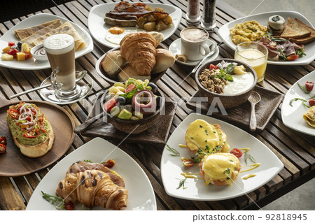 many mixed western breakfast food items on cafe table many mixed western breakfast food items on cafe table 92818945