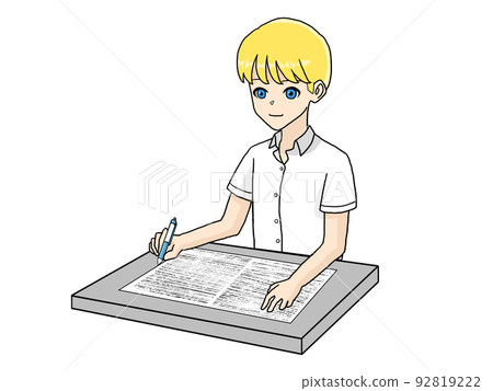 Illustration of a Caucasian man drawing something by hand on a document Illustration of a Caucasian man drawing something by hand on a document 92819222