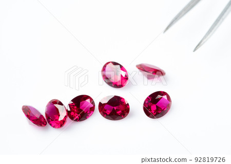 Red Ruby gemstone Oval Cut isolate on white background, close up shot 92819726