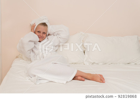 Head smile girl bathrobe bed copyspace white portrait morning bathroom, from pretty hotel for beauty and gown style, little bathing. Hair female fashion, Head smile girl bathrobe bed copyspace white portrait morning bathroom, from pretty hotel for beauty and gown style, little bathing. Hair female fashion, 92819868