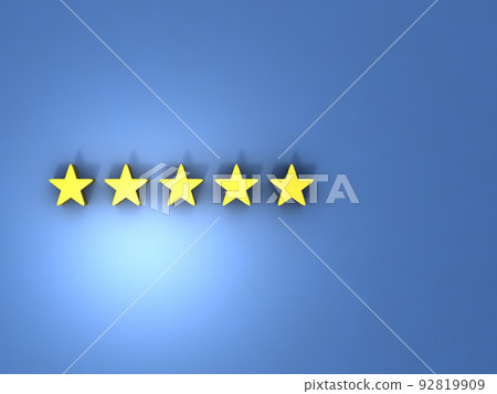 五星級圖標。藍色牆上的五顆金色星星。高分和高評級符號。 3D 渲染。 五星級圖標。藍色牆上的五顆金色星星。高分和高評級符號。 3D 渲染。 92819909