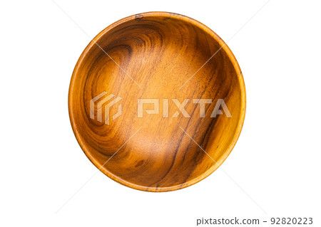 Top view of empty wooden cup bowl for salad cooking isolated on white background. Top view of empty wooden cup bowl for salad cooking isolated on white background. 92820223