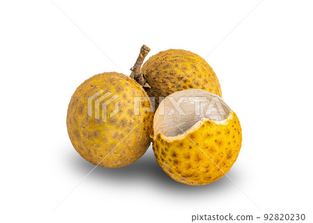 Ripe fresh longan fruit whole and a half peeled isolated on white background. 92820230