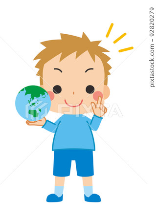 一個可愛的小男孩手裡拿著地球,做一個指向姿勢剪貼畫白色背景可持續發展目標的插圖 一個可愛的小男孩手裡拿著地球,做一個指向姿勢剪貼畫白色背景可持續發展目標的插圖 92820279