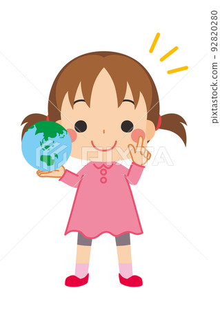 一個可愛的小女孩手裡拿著地球,做指向姿勢剪貼畫白色背景可持續發展目標的插圖 一個可愛的小女孩手裡拿著地球,做指向姿勢剪貼畫白色背景可持續發展目標的插圖 92820280