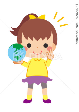 一個可愛的小女孩手裡拿著地球，做指向姿勢剪貼畫白色背景可持續發展目標的插圖 92820281