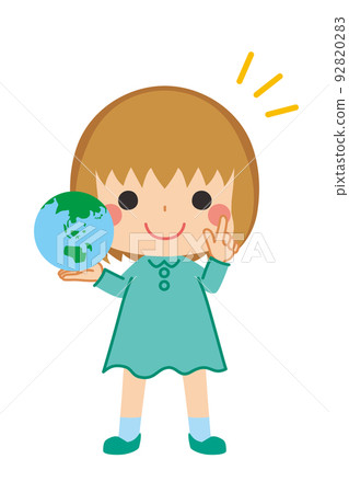 一個可愛的小女孩手裡拿著地球,做指向姿勢剪貼畫白色背景可持續發展目標的插圖 一個可愛的小女孩手裡拿著地球,做指向姿勢剪貼畫白色背景可持續發展目標的插圖 92820283