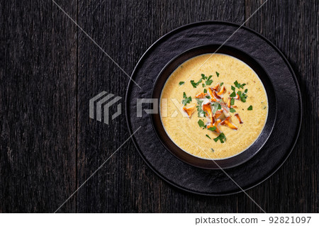 Kanttarellikeitto Finnish Chanterelle Soup in bowl 92821097