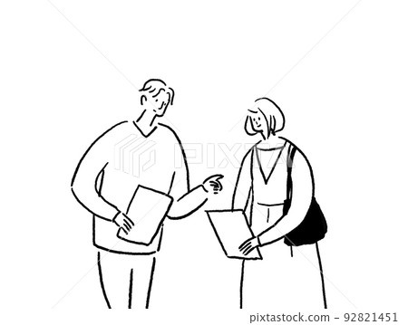 Young couple looking at tablet, menu, horizontal, line drawing 92821451
