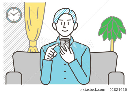 A man sitting on a sofa in the living room and operating a smartphone [vector illustration material] 92821616