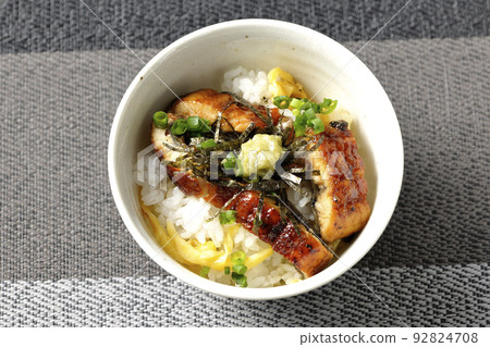 用大蔥、切碎的海藻和芥末鳥瞰鰻魚大石茶泡 用大蔥、切碎的海藻和芥末鳥瞰鰻魚大石茶泡 92824708