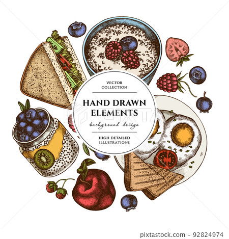 Breakfast circle design. Hand drawn sandwich, bowl with avocado, porridge with berries, chia pudding, fried eggs, raspberry, blueberry, strawberry, apples. Breakfast circle design. Hand drawn sandwich, bowl with avocado, porridge with berries, chia pudding, fried eggs, raspberry, blueberry, strawberry, apples. 92824974