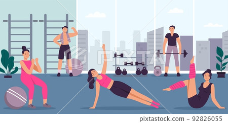 People in gym. Man and woman exercising indoor,... - Stock Illustration ...