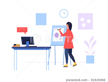 Online course. Woman giving lecture in internet, writing on flip board. Female character teaching people 92826066