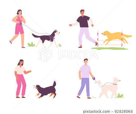 Men and women and domestic dogs activity. People walking with pets. Male and female characters training puppies 92826068
