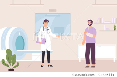Doctor visit. Patient with broken arm coming for magnetic resonance imaging. Male character having appointment Doctor visit. Patient with broken arm coming for magnetic resonance imaging. Male character having appointment 92826114