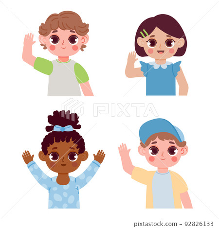 Cartoon children hello by waving hands. Different female and male smiling kids with welcoming gesture 92826133