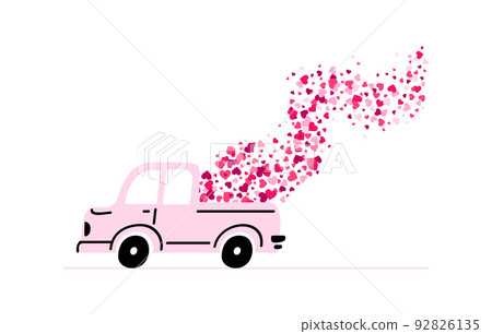 Car carries love heart. Pink pickup truck containing romantic delivery. Happy holiday celebration greeting card Car carries love heart. Pink pickup truck containing romantic delivery. Happy holiday celebration greeting card 92826135