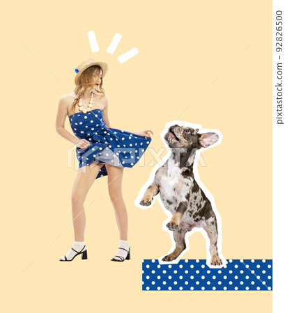 Contemporary art collage. Cheerful woman in stylish dress dancing with cute dog isolated over yellow background 92826500