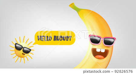 hello August horizontal banner with cartoon sun and funky banana character isolated on summer grey background. Vector 3d clay horizontal hello august scene, poster, flyer, banner and background hello August horizontal banner with cartoon sun and funky banana character isolated on summer grey background. Vector 3d clay horizontal hello august scene, poster, flyer, banner and background 92826576