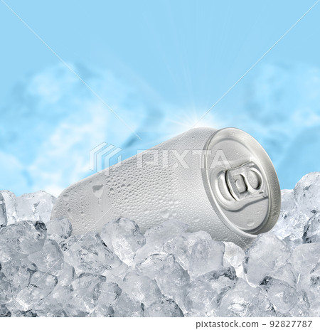 Aluminum Tin Can with ice cubes on blue background. Blank metallic can drink beer soda water juice packaging Aluminum Tin Can with ice cubes on blue background. Blank metallic can drink beer soda water juice packaging 92827787