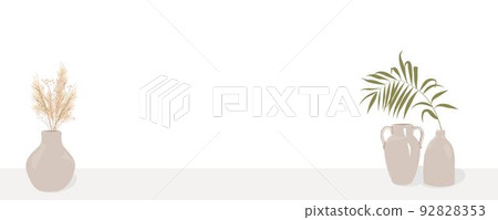 Home decor on a shelf. Boho style in the interior. Space for text. Dry grass in vases. Vector stock illustration. Banner with copy space. Home decor on a shelf. Boho style in the interior. Space for text. Dry grass in vases. Vector stock illustration. Banner with copy space. 92828353
