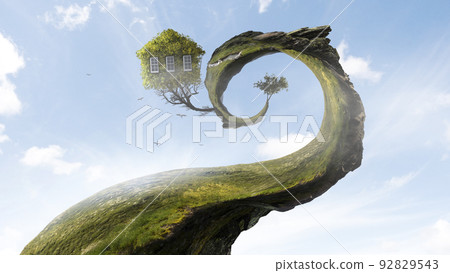 Green sphere landscape with grass and clear water 92829543