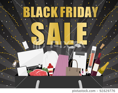 Black Friday Advertisement Template/Various Items Popping Out of Shopping Bag Black Background (Horizontal) Black Friday Advertisement Template/Various Items Popping Out of Shopping Bag Black Background (Horizontal) 92829776