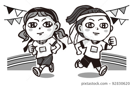 Two cute girls participating in the sports festival, monochrome Two cute girls participating in the sports festival, monochrome 92830620