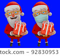 3d rendering of two cute adorable Santa Claus smiling's wearing a surgical face mask and holds the gift box in his hand, isolated on a blue  screen background. 92830953