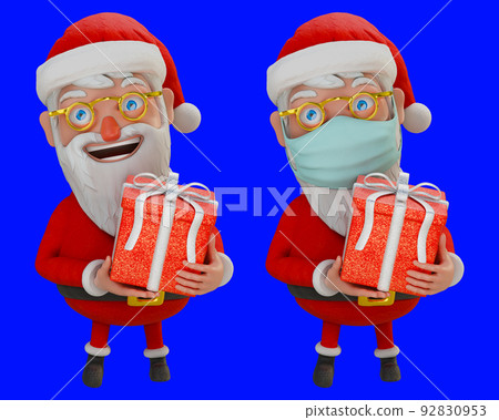 3d rendering of two cute adorable Santa Claus smiling's wearing a surgical face mask and holds the gift box in his hand, isolated on a blue screen background. 3d rendering of two cute adorable Santa Claus smiling's wearing a surgical face mask and holds the gift box in his hand, isolated on a blue screen background. 92830953