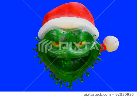 3d character of the covid-19 monsters face expression wearing a santa hat, isolated on blue background. 3d character of the covid-19 monsters face expression wearing a santa hat, isolated on blue background. 92830956