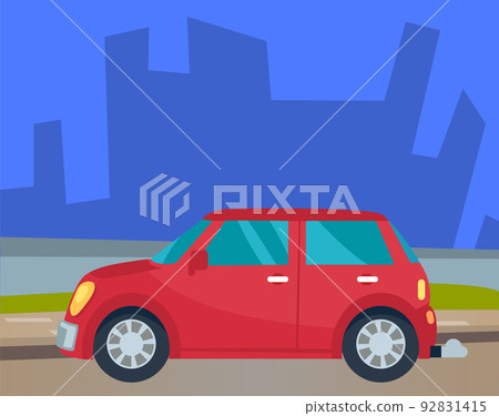 Red Car Riding Down Road in Urban Landscape Vector 92831415
