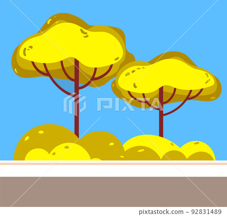 Road in Park, Green Trees and Bush Growing Behind Road in Park, Green Trees and Bush Growing Behind 92831489