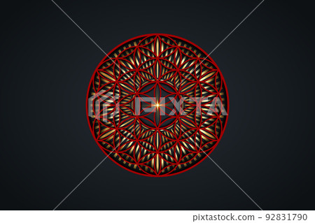 Flower of life, gold spiritual mandala, Sacred Geometry. Bright golden radiant rays symbol of harmony and balance. Mystical talisman, red luxury round vector isolated on black background 92831790