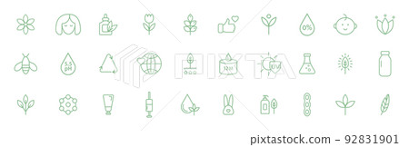 Natural, organic cosmetic line icons. Vegan food. Skincare pictogram. Product free allergen label. GMO free emblem. Biodegradable sticker. Healthy eating. Handmade ecology symbol. Vector illustration Natural, organic cosmetic line icons. Vegan food. Skincare pictogram. Product free allergen label. GMO free emblem. Biodegradable sticker. Healthy eating. Handmade ecology symbol. Vector illustration 92831901