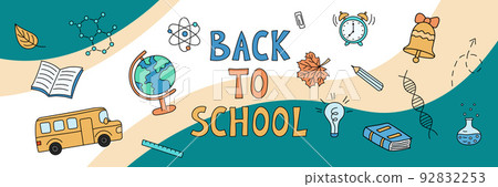 Back to school web banner. School doodle objects on abstract background. Vector hand drawn illustration of educational elements Back to school web banner. School doodle objects on abstract background. Vector hand drawn illustration of educational elements 92832253
