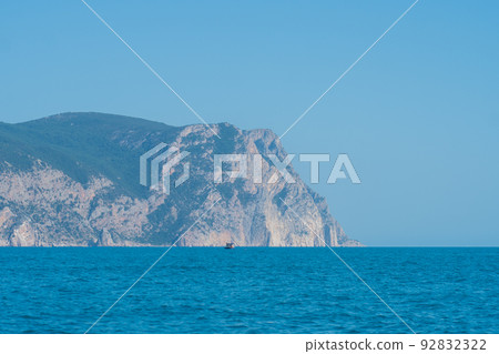 Mountains bay crimea fortress balaklava cembalo flying balaclava nature port, from sky tourism for travel and harbor boat, city seascape. Background russia panoramic, 92832322