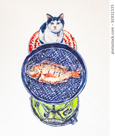 cat and grilled fish in watercolor illustration. cat and grilled fish in watercolor illustration. 92832335