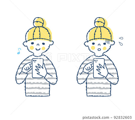 A girl operating a smartphone, a smiling expression and a troubled expression 92832603
