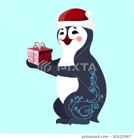 Penguin cartoon. New Year, snow and a box with gifts. Pole of animals. Illustration vector isolated style. Color picture for gift wrapping. Penguin cartoon. New Year, snow and a box with gifts. Pole of animals. Illustration vector isolated style. Color picture for gift wrapping. 92832997