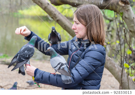Feeding pigeons in the park. Woman feeds pigeons in London park Feeding pigeons in the park. Woman feeds pigeons in London park 92833013