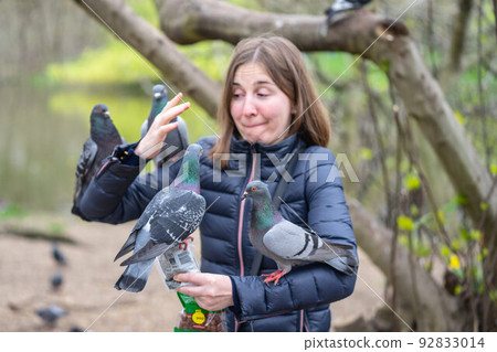 Feeding pigeons in the park. Woman feeds pigeons in London park Feeding pigeons in the park. Woman feeds pigeons in London park 92833014
