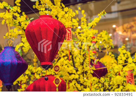 Yellow flowers in honor of the Vietnamese new year. Lunar new year flower market. Chinese New Year. Tet 92833491