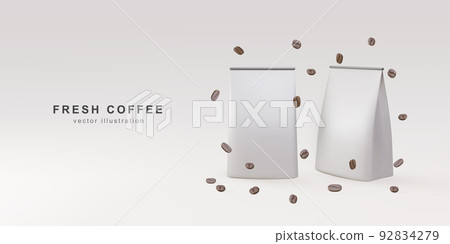 3d banner with realistic two package coffee and coffee beans on a grey background. Vector illustration. 3d banner with realistic two package coffee and coffee beans on a grey background. Vector illustration. 92834279