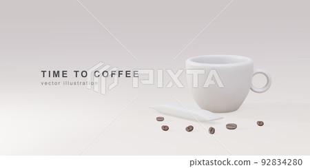 3d banner with realistic paper coffee cup, sugar stick and coffee beans on a grey background. Vector illustration. 92834280