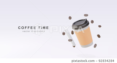 3d banner with realistic paper coffee cup, stick sugar and coffee beans. Vector illustration. 3d banner with realistic paper coffee cup, stick sugar and coffee beans. Vector illustration. 92834284